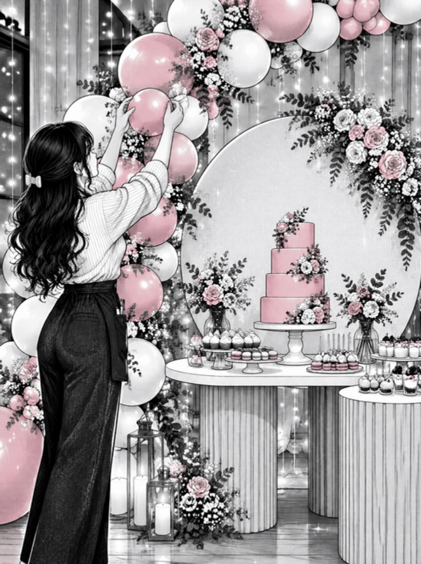 Ilustração da Carol montando um cenário de festa com arco de balões e mesa de bolo