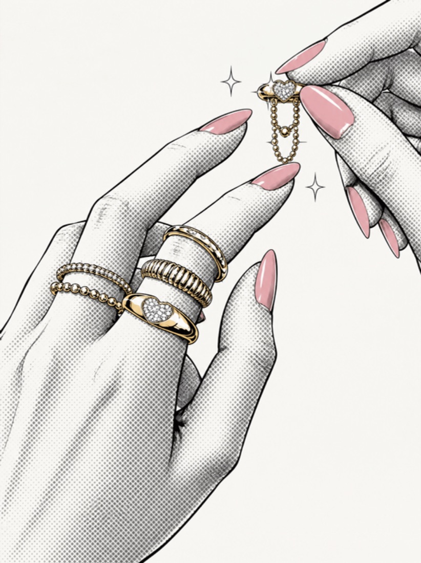 Ilustração de mãos com anéis e uma semijoia dourada