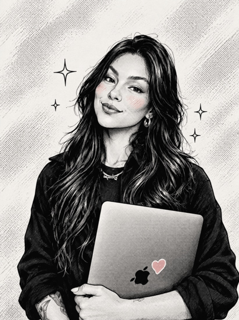 Ilustração da Carol abraçada ao notebook, com um sorriso decidido