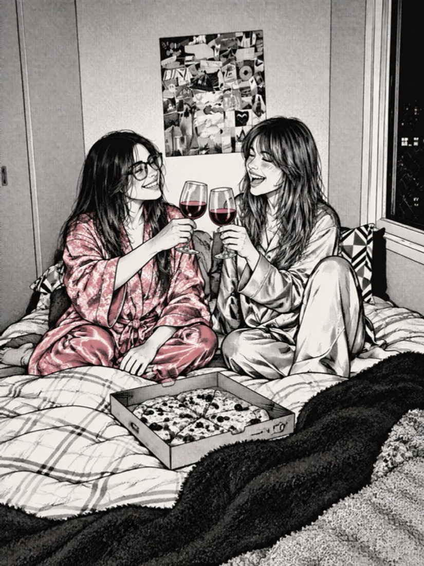 Ilustração da Carol e da amiga Lidi brindando com vinho na cama, com uma pizza