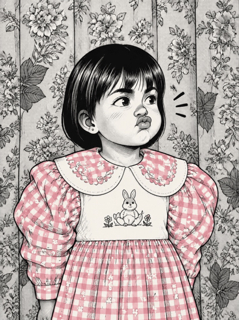 Ilustração da Carol pequena fazendo bico, de vestido xadrez
