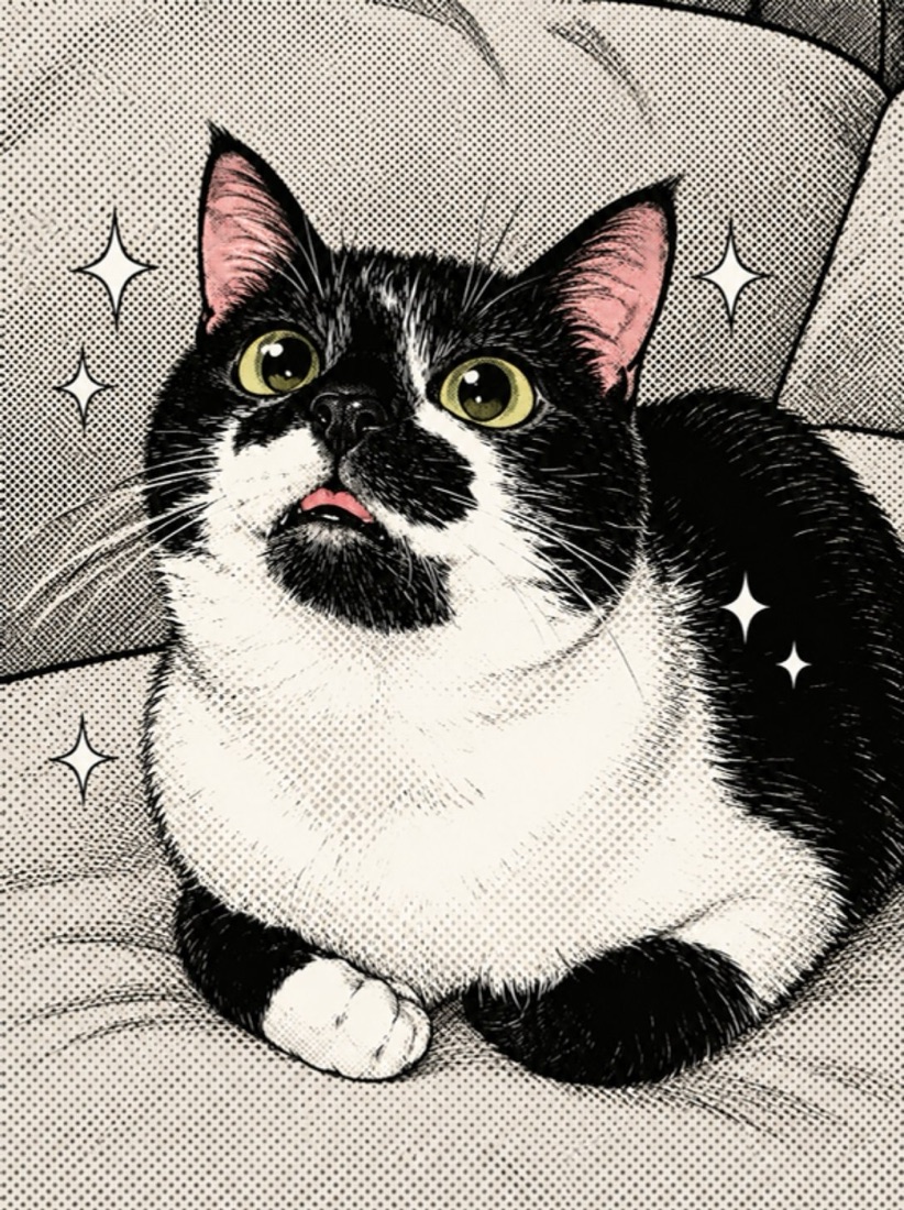 Ilustração do Boris, gato preto e branco de olhos arregalados